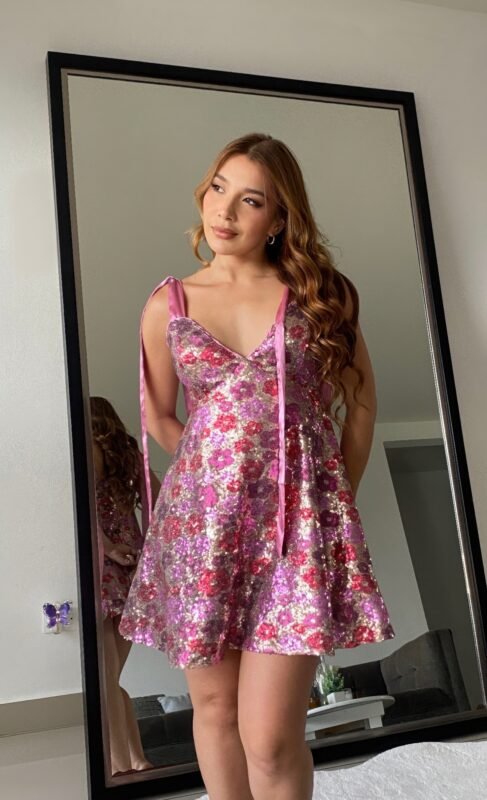 Women’s Sequin Floral Mini Dress Ties On Shoulders