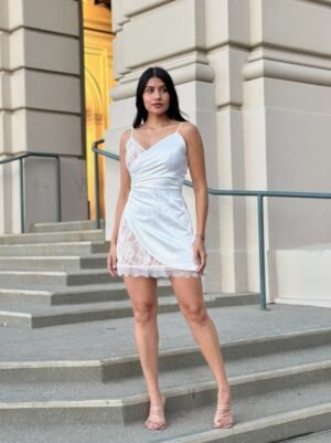 Nude Lace Satin Mini Dress – Party or Night-Out Dress Sexy Party Satin Wrap Like & Lace Nude Mini Dress
