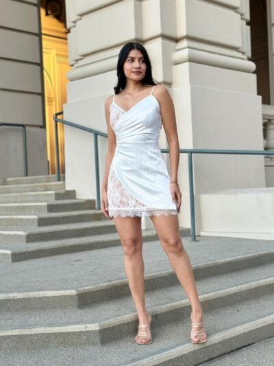 Nude Lace Satin Mini Dress – Party or Night-Out Dress Sexy Party Satin Wrap Like & Lace Nude Mini Dress