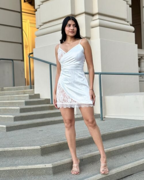 sexy party satin wrap like & lace nude mini dress