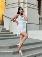 Sexy Party Satin Wrap Like & Lace Nude Mini Dress