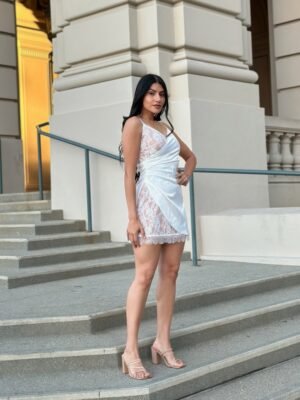 Nude Lace Satin Mini Dress – Party or Night-Out Dress Sexy Party Satin Wrap Like & Lace Nude Mini Dress