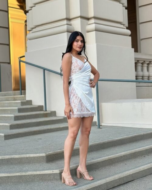 sexy party satin wrap like & lace nude mini dress