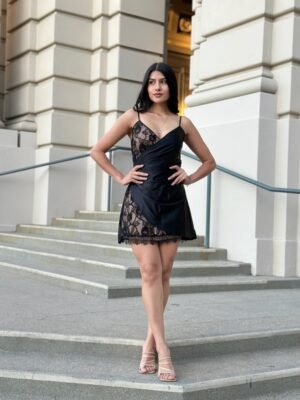 Nude Lace Satin Mini Dress – Party or Night-Out Dress Sexy Party Satin Wrap Like & Lace Nude Mini Dress