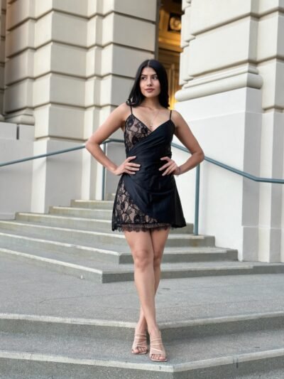 Nude Lace Satin Mini Dress – Party or Night-Out Dress Sexy Party Satin Wrap Like & Lace Nude Mini Dress