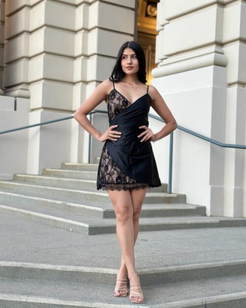 sexy party satin wrap like & lace nude mini dress