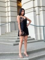 Sexy Party Satin Wrap Like & Lace Nude Mini Dress