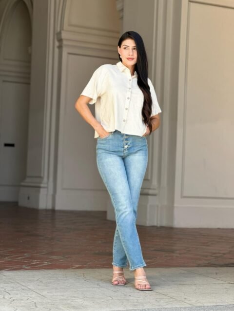 High Rise Button Fly straight cigarette jeans