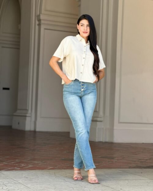 High Rise Button Fly straight cigarette jeans