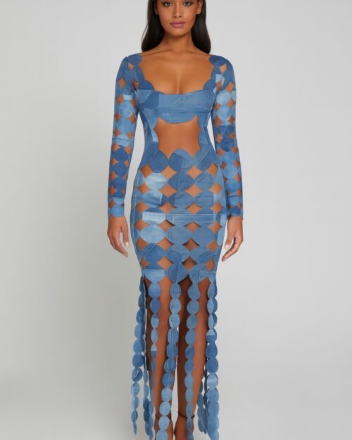 denim print sexy cut out maxi dress