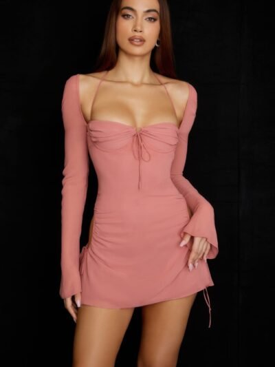 Peek Hole Mini Dress | Halter Long Sleeve Party Dress