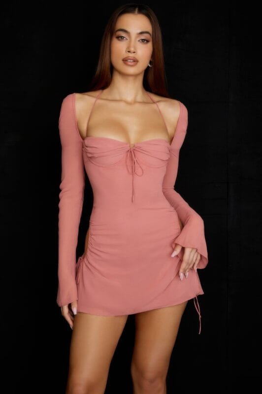 Peek Hole Mini Dress | Halter Long Sleeve Party Dress
