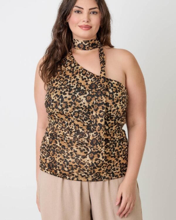 Leopard Print Halter Top With Neck Tie Detail