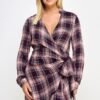 Plus Size Long Sleeve Plaid Side Tie Dress