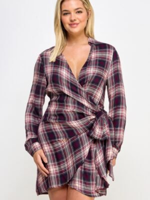 Plus Size Long Sleeve Plaid Side Tie Dress