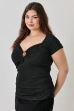 Plus Size Knit Rib Open Circle Trim Top