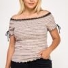 Plus Size Ots Knit Rib Striped Lace Edge Top