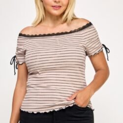 Plus Size Ots Knit Rib Striped Lace Edge Top