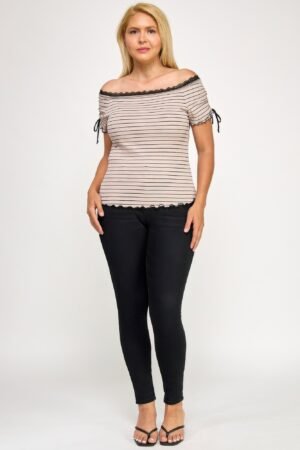 Plus Size Ots Knit Rib Striped Lace Edge Top Plus Size Ots Knit Rib Striped Lace Edge Top