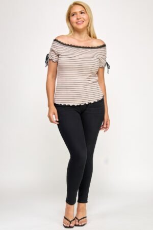 Plus Size Ots Knit Rib Striped Lace Edge Top Plus Size Ots Knit Rib Striped Lace Edge Top