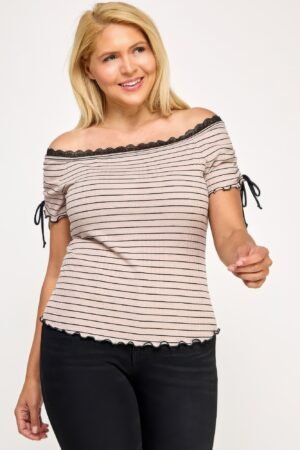Plus Size Ots Knit Rib Striped Lace Edge Top Plus Size Ots Knit Rib Striped Lace Edge Top