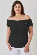 Plus Size Ots Pointelle Knit Rib Fold Over Top