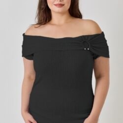 Plus Size Ots Pointelle Knit Rib Fold Over Top