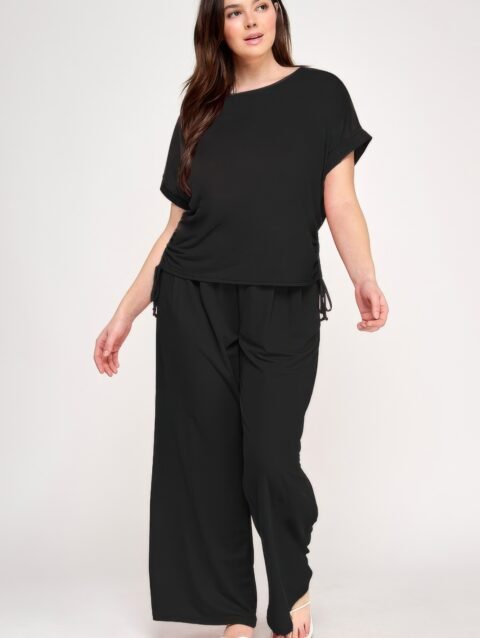 Plus Size Knit Linen Pleated Wide Leg Pants