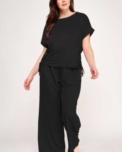 Plus Size Knit Linen Pleated Wide Leg Pants