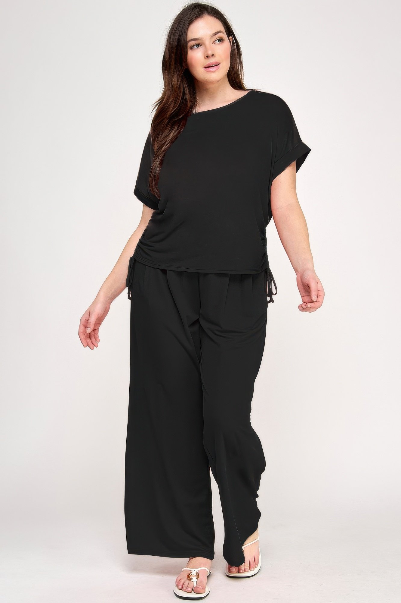 CC60022a.jpg Plus Size Knit Linen Pleated Wide Leg Pants - Image 1
