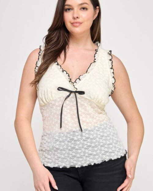 Plus Size Sleeveless Ruffle Lace Bow Tie Front Top