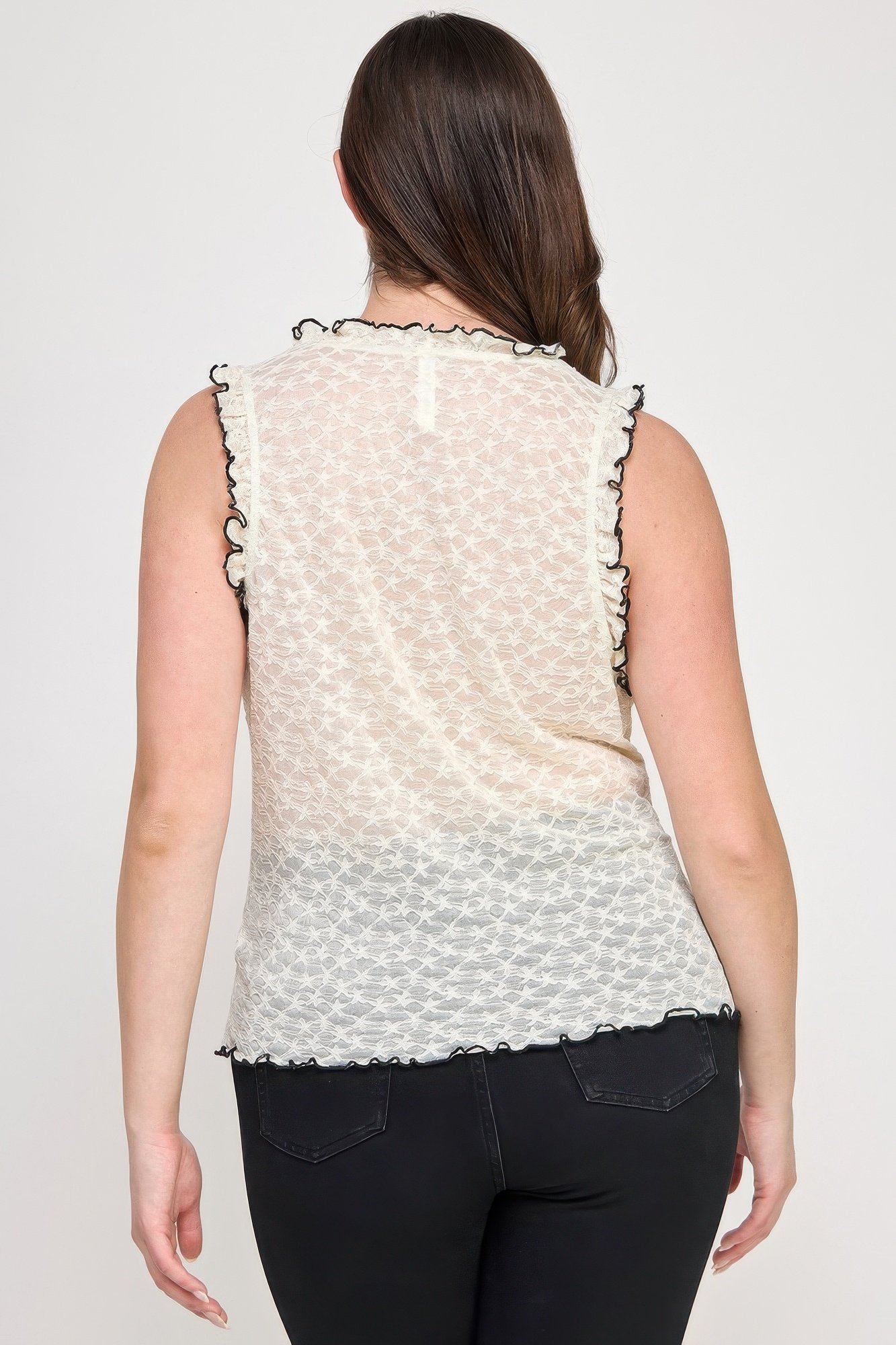 plus size sleeveless ruffle lace bow tie front top