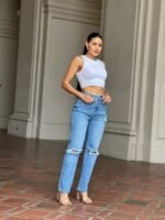 Medium Wash High Rise Jeans With Distress And Rips - Image 4