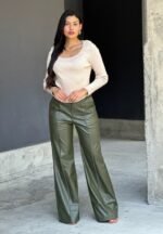 Front Pleated Faux Leather Wide Leg Pants - Image 3