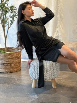 Wrap Satin Long Sleeve Button Down Mini Dress Wrap Satin Long Sleeve Button Down Mini Dress