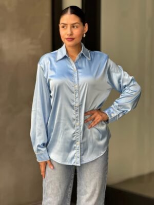 Rhinestone Diamond Lined Button Down Satin Blouse Rhinestone Diamond Lined Button Down Satin Blouse