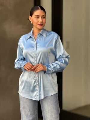 Rhinestone Diamond Lined Button Down Satin Blouse Rhinestone Diamond Lined Button Down Satin Blouse