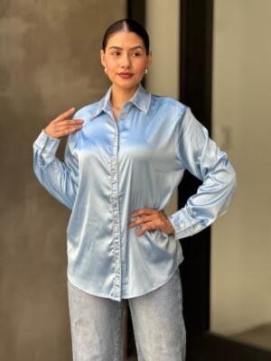 Rhinestone Diamond Lined Button Down Satin Blouse Rhinestone Diamond Lined Button Down Satin Blouse