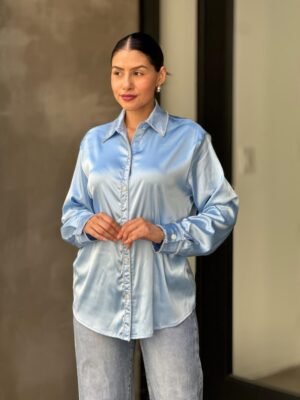 Rhinestone Diamond Lined Button Down Satin Blouse Rhinestone Diamond Lined Button Down Satin Blouse