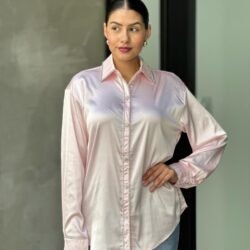 Rhinestone Diamond Lined Button Down Satin Blouse