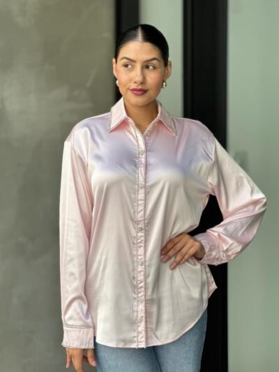 Rhinestone Diamond Lined Button Down Satin Blouse