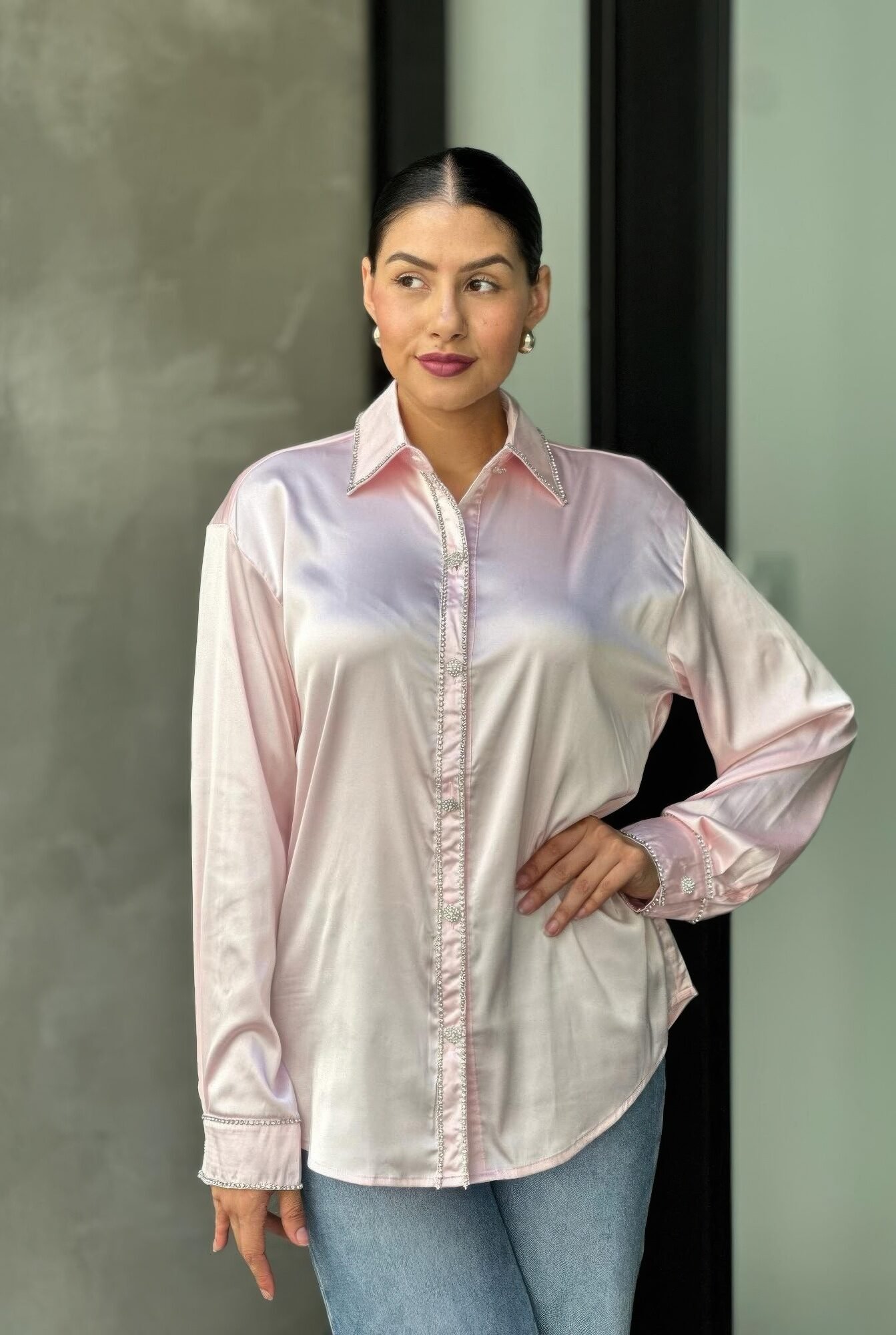 Rhinestone Diamond Lined Button Down Satin Blouse Rhinestone Diamond Lined Button Down Satin Blouse