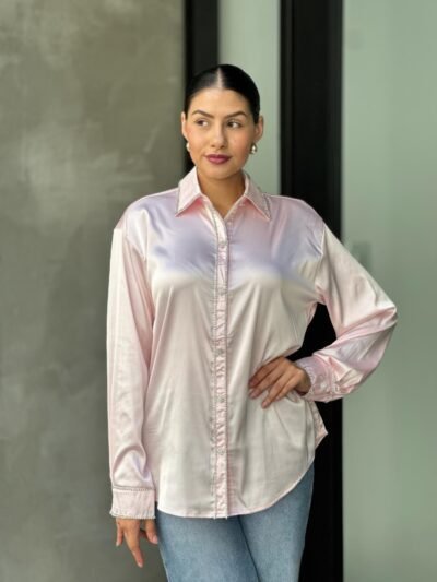 Rhinestone Diamond Lined Button Down Satin Blouse Rhinestone Diamond Lined Button Down Satin Blouse