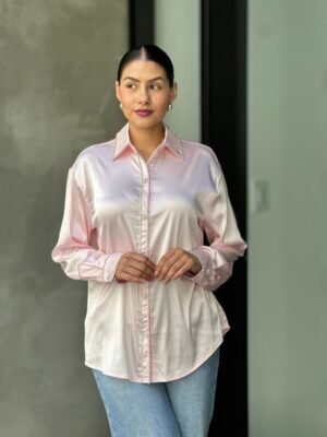 Rhinestone Diamond Lined Button Down Satin Blouse Rhinestone Diamond Lined Button Down Satin Blouse