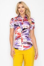 Belted Short Sleeve Snap Button Watercolor Blouse