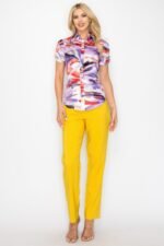 Belted Short Sleeve Snap Button Watercolor Blouse - Image 3