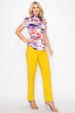 Belted Short Sleeve Snap Button Watercolor Blouse - Image 6