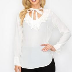 Ruffle Detail Front Tie V-neck Long Sleeve Blouse