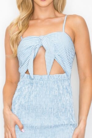 Checker Front Knot Smocked Midi Dress Checker Front Knot Smocked Midi Dress
