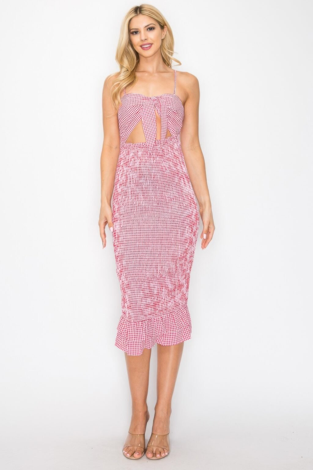 checker front knot smocked midi dress